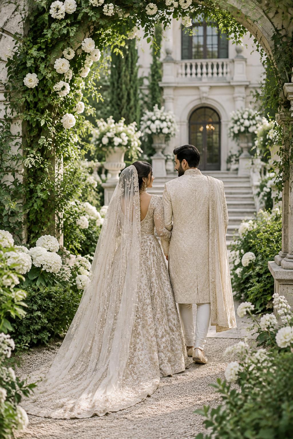 A bride and groom beneath a flower-covered garden arch