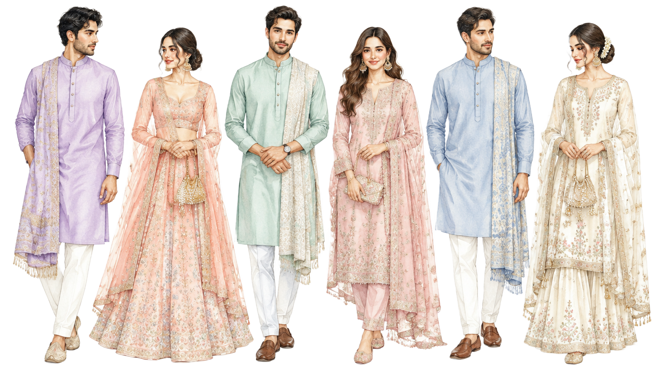 Guests in pastel traditional attire